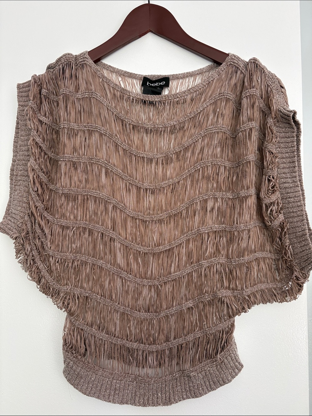 bebe Taupe Fringe Knit Dolman Top